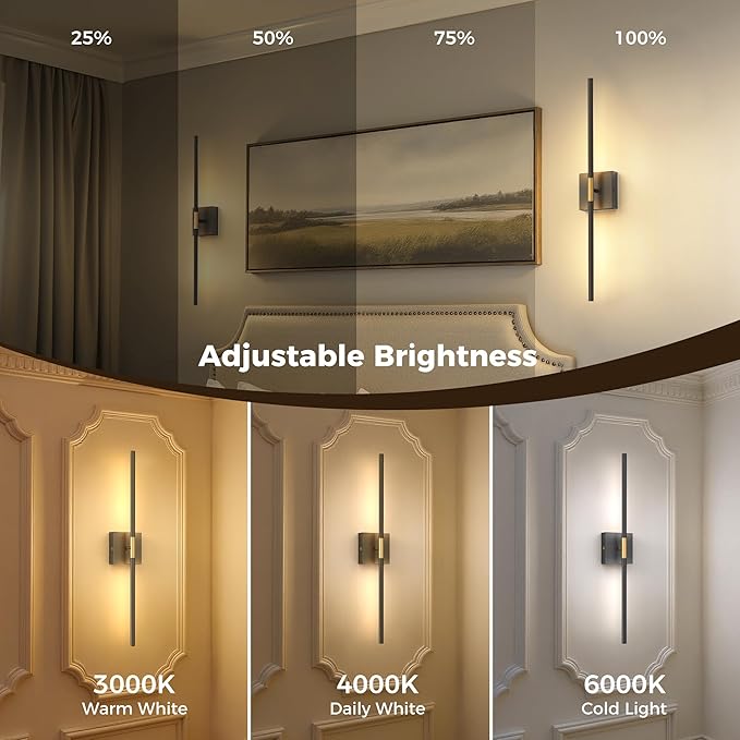 L LOHAS LED Battery Operated Wall Sconces Set of 2, Battery Wall Sconce 10000mAh, Black and Gold Rechargeable Sconces 3CCT, 28.1 Inch Wireless Wall Lights, Sconce Wall Decor for Bedroom, Living Room