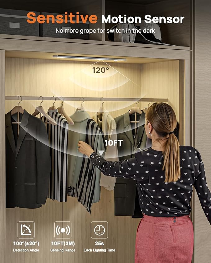 16inch Under Cabinet Lights, LED Motion Sensor Light Indoor, 4000mAh Rechargeable Closet Light with Remote, 3 Color Temps, Magnetic, Wireless Under Counter Lights for Kitchen, Stairs, Pantry, 4 Pack