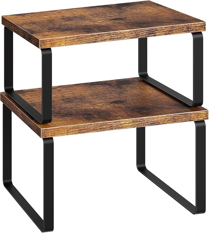 HOOBRO Spice Rack Set of 2, Kitchen Counter Organizer, Kitchen Storage, Cabinet Organizer Shelf, Nest, Stackable, Side-by-Side & L-Shape for Cabinet, Kitchen, Rustic Brown and Black BF33TL01