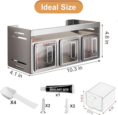 Kitchen Spice Rack, Kitchen Organizer and Storage Rack with 3 Spoons, Spice Organization for Cabinets Punch-free Wall/Countertop Home Decor Multifunctional Double Layer 3 Grid Condiment Rack, Gray