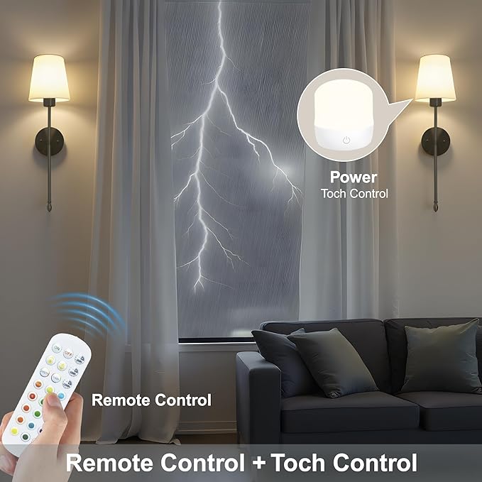Battery Operated Wall Sconce Set of 2, Wireless Wall Sconce with Rechargeable Bulbs and Remote, 15 Colors & Dimmable, Black Sconces Wall Decor for Bedroom Living Room Hallway