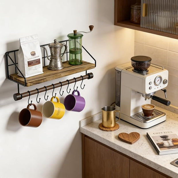 Alsonerbay Floating Shelves Wood Shelves for Wall, Rustic Wood Kitchen Shelf with Towel Bar and 8 Removable Hooks for Hanging Cooking Utensils or Mugs
