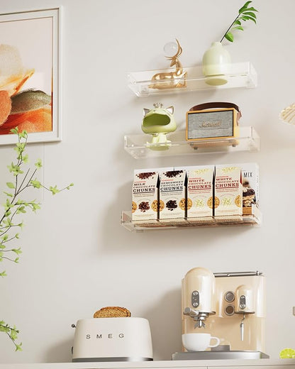MaxGear Acrylic Clear Floating Shelves with Edge, Wall Mounted Hanging Bookshelves, Decorative Display Wall Shelves Storage Organizer for Bathroom, Bedroom, Kitchen, Easy Installation, Set of 3