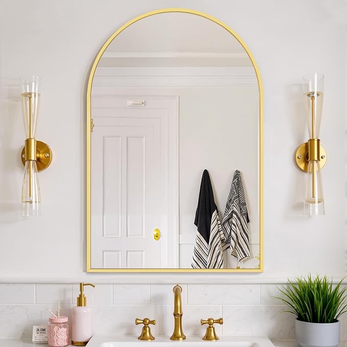 Bathroom Mirror for Wall, 38x26 Inch Arched Mirror, Matte Gold Metal Framed Bathroom Vanity Mirror for Restroom Farmhouse, Anti-Rust, Tempered Glass, Hanging or Leaning