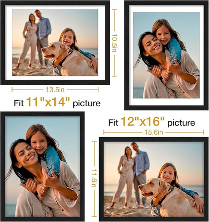 Vittanly 12x16 Picture Frames Set of 4, Display Pictures 11x14 with Mat or 12x16 without Mat, Gallery Wall Frame Set for Wall Mounting, Engineered Wood with Shatter Resistant Plexiglass, Black