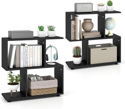 Tangkula 2 Tier Geometric Bookshelf, Freestanding Wood Display Shelf, Home Office Room Divider S Shaped Open Bookcase, Small Bookshelf for Small Spaces, Living Room, Study (Black, 2)