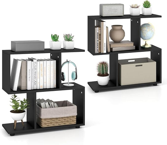 Tangkula 2 Tier Geometric Bookshelf, Freestanding Wood Display Shelf, Home Office Room Divider S Shaped Open Bookcase, Small Bookshelf for Small Spaces, Living Room, Study (Black, 2)