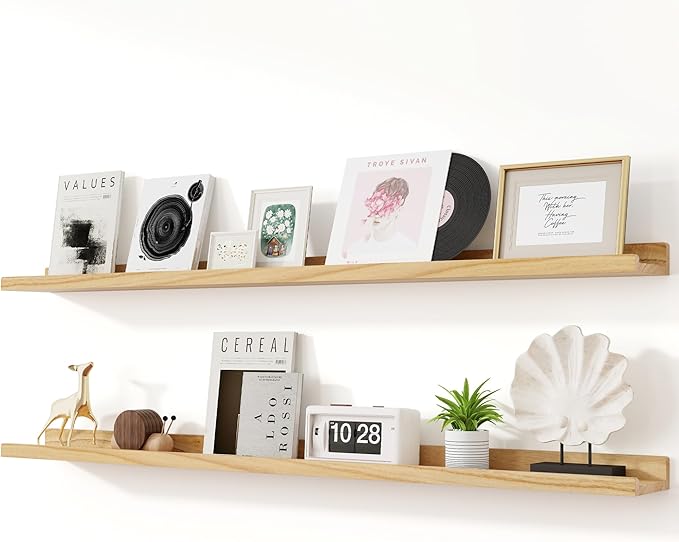 RICHFOCUS Floating Shelves for Wall, 55 inch Solid Wood Picture Ledge Shelf for Wall Storage, Nursery Book Shelves with Lip for Living Room Bathroom Bedroom Kitchen, Set of 2, Natural