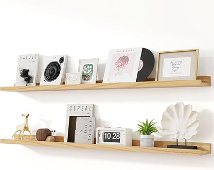 RICHFOCUS Floating Shelves for Wall, 55 inch Solid Wood Picture Ledge Shelf for Wall Storage, Nursery Book Shelves with Lip for Living Room Bathroom Bedroom Kitchen, Set of 2, Natural
