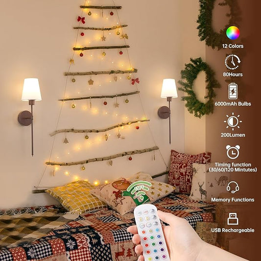 Battery Operated Wall Sconces Set of 2, Walnut Color Wall Lamp 6000 mAh Rechargeable Bulb with 12 RGB Colors Dimmable Wall Sconce for Living Room Bedroom