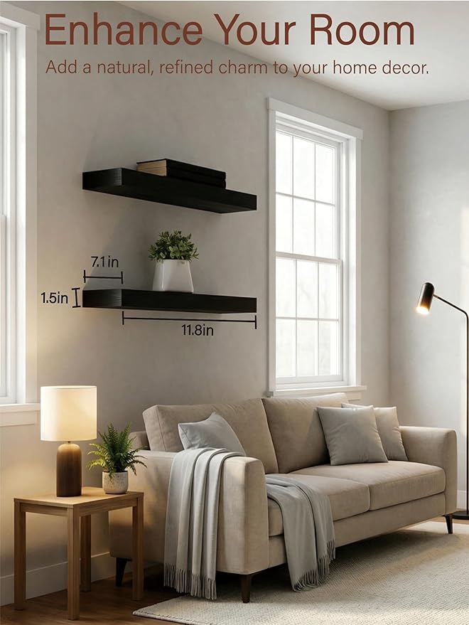 Solid Wood Floating Shelves,11.8in Finished Real Wood Wall Shelves with Heavy-Duty Hidden Bracket, Easy Installation, Set of 2, 11.8in x 7.1in x 1.5in, for Living Room Bedroom Kitchen,Black