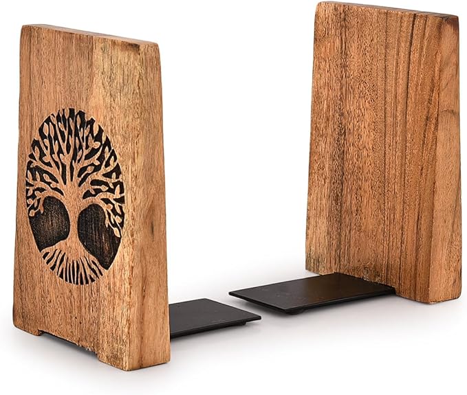 NIRMAN Office Bookends Iron & Acacia Wood Tree of Life Office Bookends for Shelves or Bookcase Heavy Bookends, Home Décor Gift (4