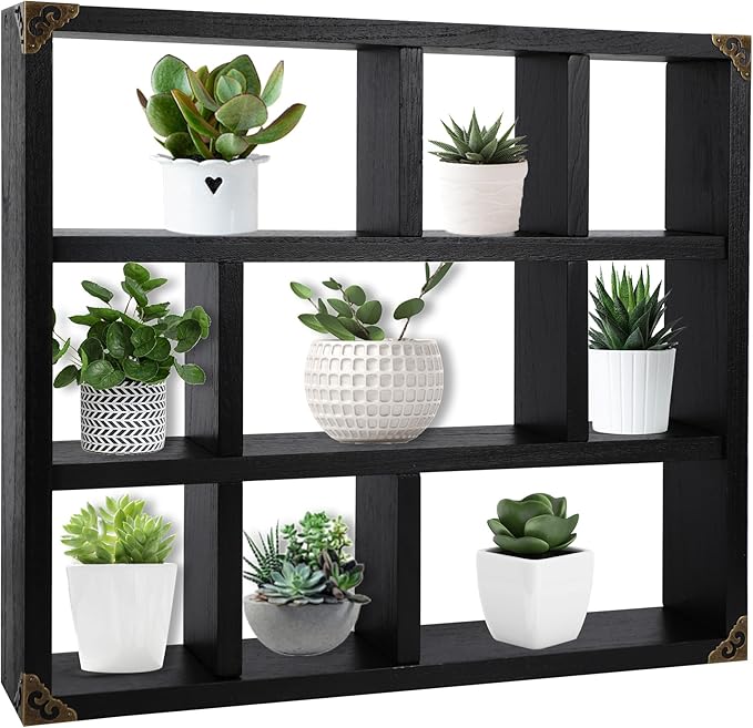 17.7x15.7-Inch Shadow Box Shelf 9-Slot Rustic Floating Shelves Larger Wall Mounted Lightweight Solid Wood Display Freestanding Farmhouse Shelf (9C-Classic Black)