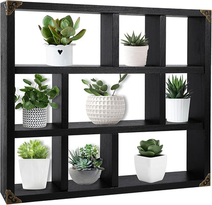 17.7x15.7-Inch Shadow Box Shelf 9-Slot Rustic Floating Shelves Larger Wall Mounted Lightweight Solid Wood Display Freestanding Farmhouse Shelf (9C-Classic Black)