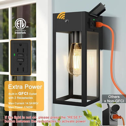 Dusk to Dawn Outdoor Light Fixtures Wall Mount, Outdoor Porch Lights with GFCI Outlet, Dusk to Dawn Outdoor Lighting for Doorway, Garage- Black, 1 Pack
