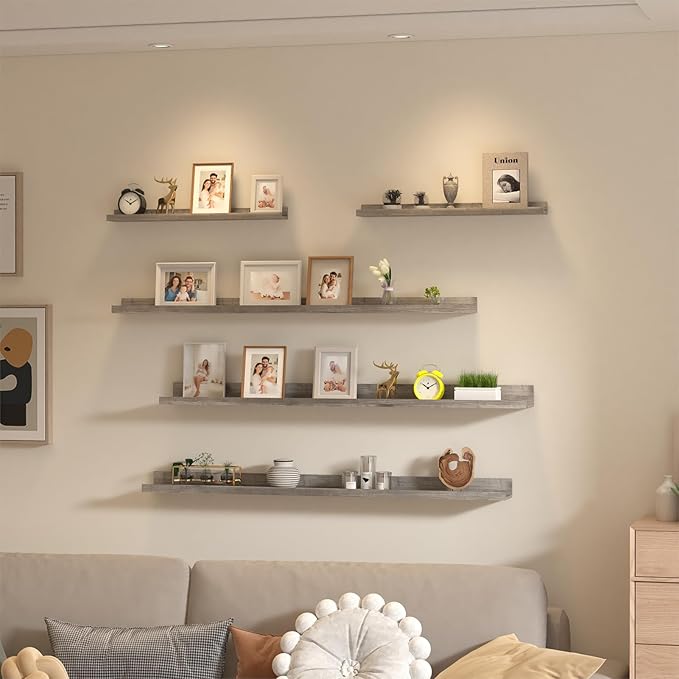 Giftgarden 47 Inch Long Floating Shelves for Wall Set of 5, Grey Wood Wall Shelves for Bathroom, Bedroom, Kitchen, Living Room Storage and Decoration, Gray Wooden Picture Ledge