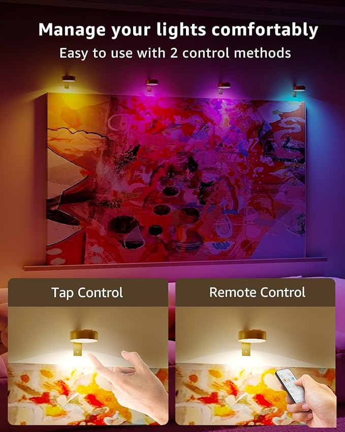 RGB USB Rechargeable Picture Lights, Gold 2600mAh Battery Operated Art Lights for Paintings Wireless Light Over Picture Frame Cordless LED Gallery Wall Light Remote Spotlight for Poster Photo Artwork