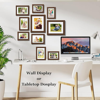 Picture Frames, Made of Real Glass and Wooden Frame, Gallery Photo Frames Set of 10 for Collage Wall Decor, Multi Sizes Including 8x10, 5x7, 4x6 for Mounting or Tabletop Display, Dark Brown