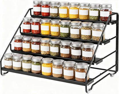 4 Tier Spice Rack for Cabinet, Step Adjustable Spice Shelf, Metal Step Spices Storage Holder with Protection Railing, Seasoning Organizer for Countertop, Cupboard, Pantry
