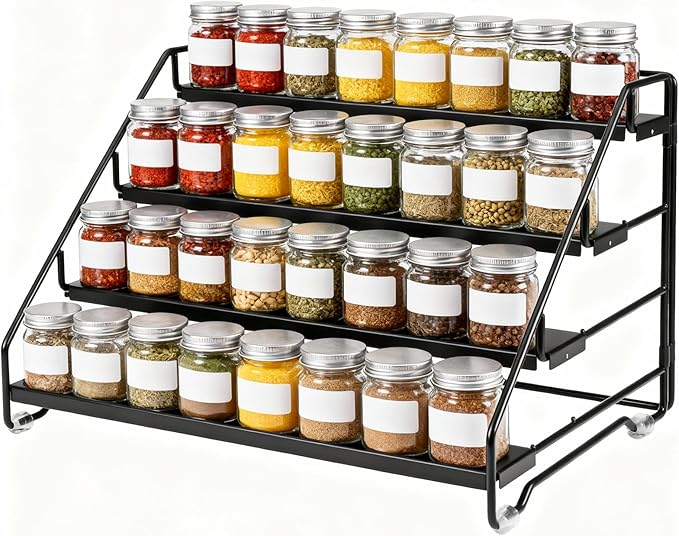 4 Tier Spice Rack for Cabinet, Step Adjustable Spice Shelf, Metal Step Spices Storage Holder with Protection Railing, Seasoning Organizer for Countertop, Cupboard, Pantry