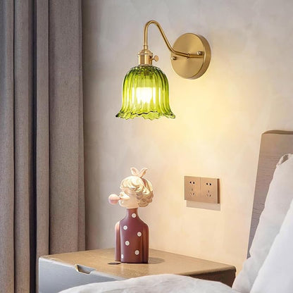 Vintage Battery Operated Wall Sconces Set of Two, RGB Dimmable LED Wall Light with Remote Control, Green Glass Lampshade Wall lamp with 15 Colors for Bedroom, Living Room, Home Decor