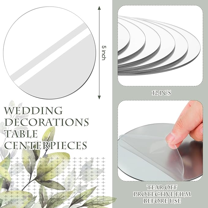 Weysat 12 Pcs Acrylic Round Mirrors Candle Plate Set for Table Centerpieces 5 Inch Non Glass Self Adhesive Mirror Wall Stickers for Home Wedding Table Wall Decor