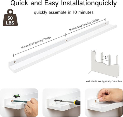 Fun Memories Picture Ledge Shelf, 32 Inch Floating Shelves Set of 2, Large Nursery Book Shelves for Toys Storage, Kids Bookshelf Wall Mounted for Wall Decor Books Photo Frames, White