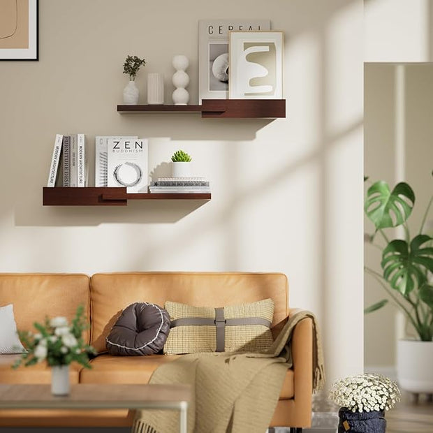 Floating Shelves for Wall, Set of 2 Rustic Wood 24 Inches Wall Mounted Shelves for Bathroom，Bedroom, Living Room &Kitchen, Heavy Duty Display Picture Ledge Shelf for Home Decor Storage Brown