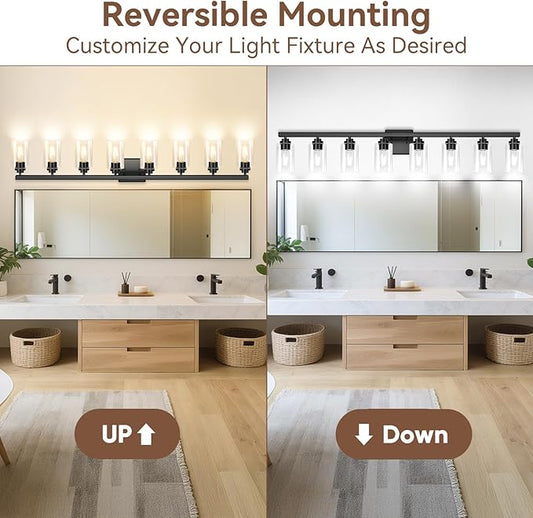 8-Light Bathroom Light Fixtures, 51" Modern Vanity Lights Over Mirror with Clear Glass Shades, Matte Black Light Fixture, Classic Wall Light Fixture for Mirror Living Room Cabinet Bedroom Porch