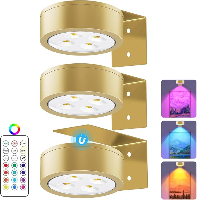 RGB Picture Light Battery Operated Painting Lights for Wall Wireless Magnetic Display Art Light with Remote Controls,Dimmable&Timer for Art Frame Artworking,3Pack Gold