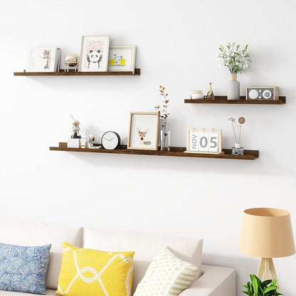 Picture Ledge Shelf, Wood Long Floating Shelves for Wall, Set of 2, 56 inch Picture Ledge Shelves, Photo Ledge Nursery Book Shelves Wall Mounted for Living Room Kids' Room Bedroom, Color Walnut