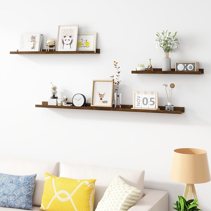 Picture Ledge Shelf, Wood Long Floating Shelves for Wall, Set of 2, 48 inch Picture Ledge Shelves, Photo Ledge Nursery Book Shelves Wall Mounted for Living Room Kids' Room Bedroom, Color Walnut