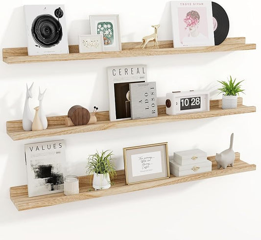 RICHFOCUS Floating Shelves for Wall, 48 inch Solid Wood Picture Ledge Shelf for Wall Storage, Nursery Book Shelves with Lip for Living Room Bathroom Bedroom Kitchen, Set of 3, Carbonized Black