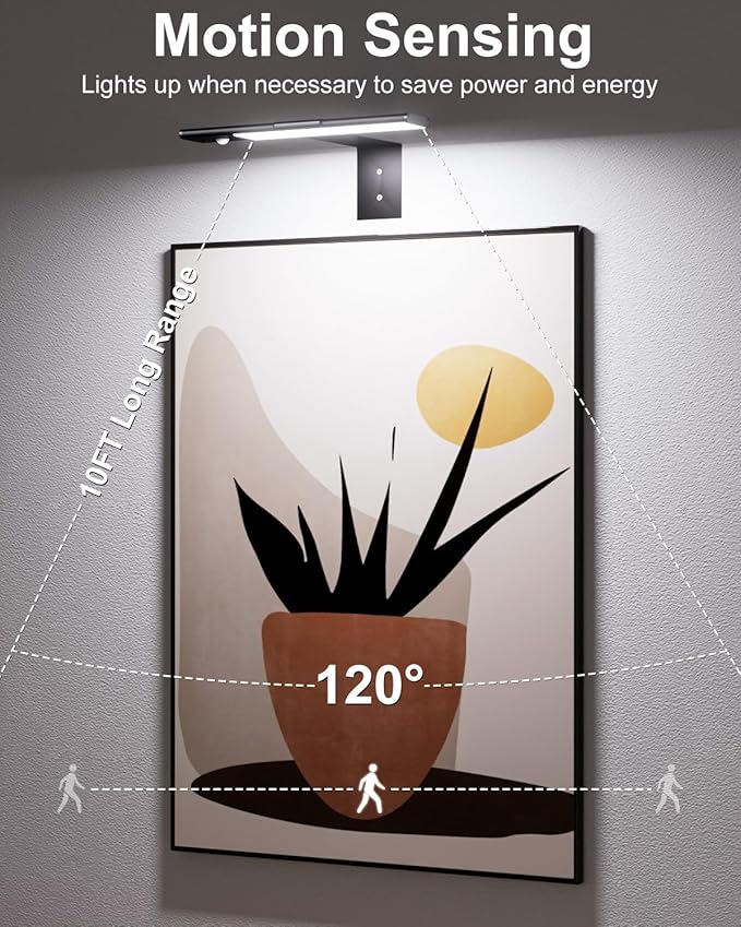 Wireless Picture Light for Wall, Rechargable Picture Light for Wall with Remote,3 Color Temperature 12'' Dimmable Magnetic,64 LED Art Light with Motion Sensor for Wall Painting, Frame, Portrait, Room