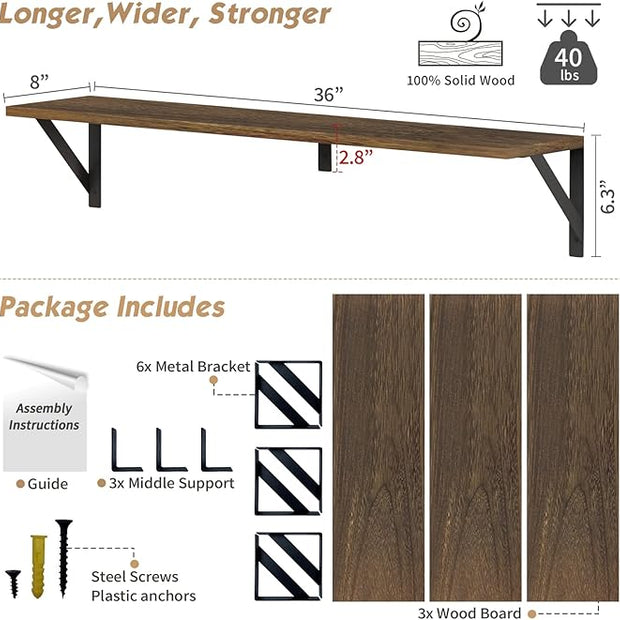 Forbena Floating Book Shelves for Wall Set of 3, 36 Inches Long Wall Bookshelf for Bedroom, Large Wood Heavy Duty Hanging Bookshelves for Books, Living Room Decor, Closet Storage (Rustic Brown)