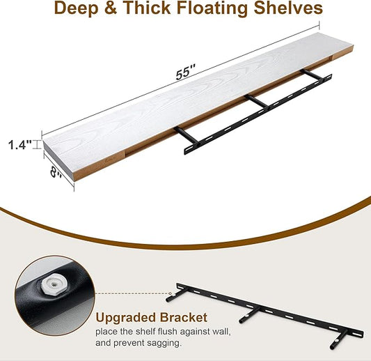 Fun Memories Deep White Floating Shelves, 8 Inch Deep Floating Shelf for Wall, Rustic White Wall Shelves 55 Inch Long, Large 55 x 8 Storage Shelves for Living Room, Bedroom, Kitchen