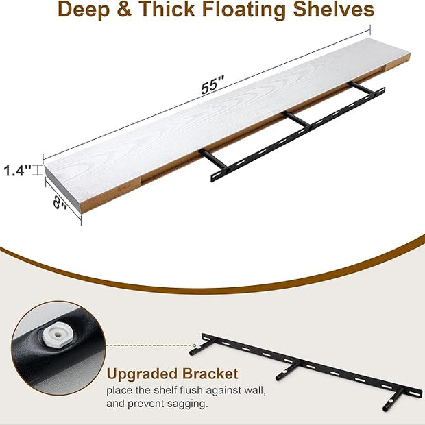 Fun Memories Deep White Floating Shelves, 8 Inch Deep Floating Shelf for Wall, Rustic White Wall Shelves 55 Inch Long, Large 55 x 8 Storage Shelves for Living Room, Bedroom, Kitchen