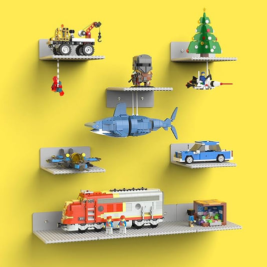 BlissBox 9-Pack Floating Display Shelves for Wall Compatible with Lego Building Bricks, 5 × 5.5 Inch Dual-Sided 16 × 17 Studs for Brick Storage and Display, ABS Display Shelf for Room Decor, Gray
