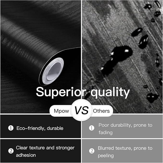 Ismoon Black Contact Paper Peel and Stick Wallpaper 17.5''x472''Wood Grain Contact Paper for Cabinets and Drawers Removable Self-Adhesive Modern Renter Friendly Wallpaper for Desk Countertops Vinyl