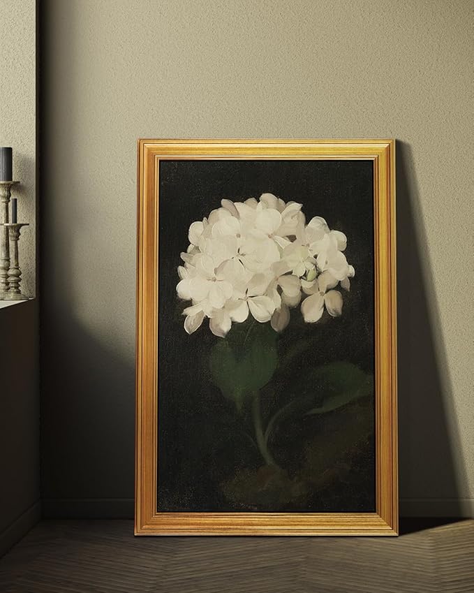 HUARCEY Gold Framed Vintage Wall Art for Living Room, Flowers Painting Canvas Print Shelf Decor for Kitchen, Aesthetic Bedroom Wall Art, Christmas Gifts for Friends or Family (White Hydrangea 24