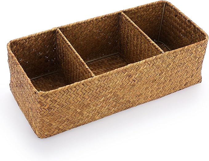 ELLDOO Woven Seagrass Wicker Rattan Storage Basket, Large Capacity Coffee Pod Holder Organizer for K Cup Nespresso Pods, 3-Section Seagrass Storage Box for Coffee bar Shelves Kitchen Cabinets,Brown