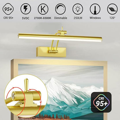 2 Pack Picture Lights for Wall Battery Operated, 12 inch Wireless Art Lighting for Painting, 6 Colors Picture Frame Lights with Remote, 4200mAh Gallery Light, Gold