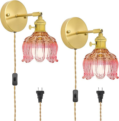Plug in Wall Sconces Set of 2, Plug in Wall Lamp, Vintage Wall Light with Pink Tulip Glass Lampshade, 3-Way Dimmable with Dual Switches, No Wiring Needed for Bedroom Wall Decor and Hallway