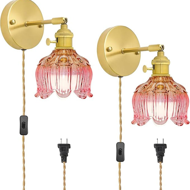 Plug in Wall Sconces Set of 2, Plug in Wall Lamp, Vintage Wall Light with Pink Tulip Glass Lampshade, 3-Way Dimmable with Dual Switches, No Wiring Needed for Bedroom Wall Decor and Hallway