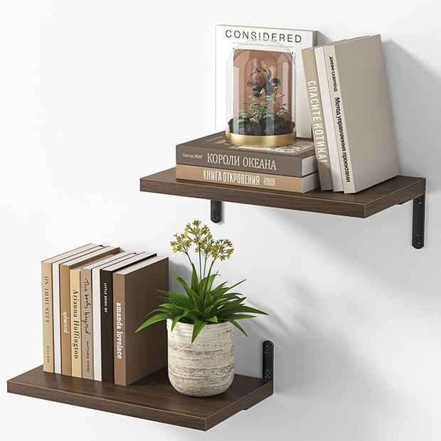 Marsmiles Extra Wide Floating Shelves for Wall, 16x8 Inch Natural Wood Grain Bookshelves, Heavy Duty Mounted Shelving for Bathroom, Kitchen, Living Room, Bedroom,Set of 2，Walnut