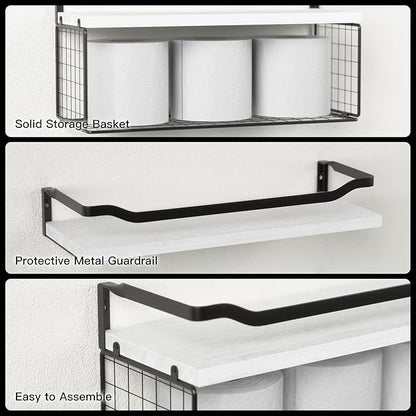 WOPITUES Floating Shelves with Wire Storage Basket, Bathroom Shelves Over Toilet with Protective Metal Guardrail, Wood Wall Shelves for Bathroom Organizers and Storage, Toilet Paper-White