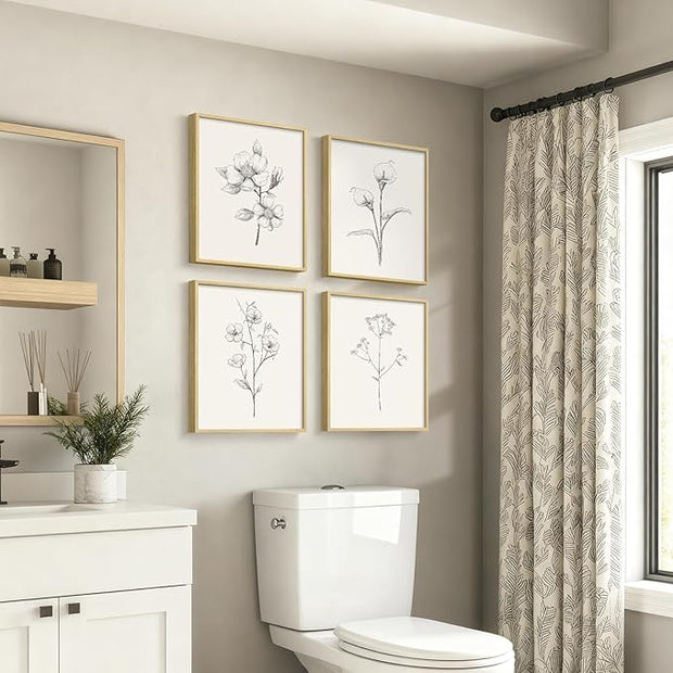 Framed Botanical Wall Art for Bathroom, Set of 4 Neutral Minimalist Beige Floral Painting Prints for Modern Farmhouse Decor, Black and White Flowers Plant Artwork for Rustic Bedroom Living Room, 11x14