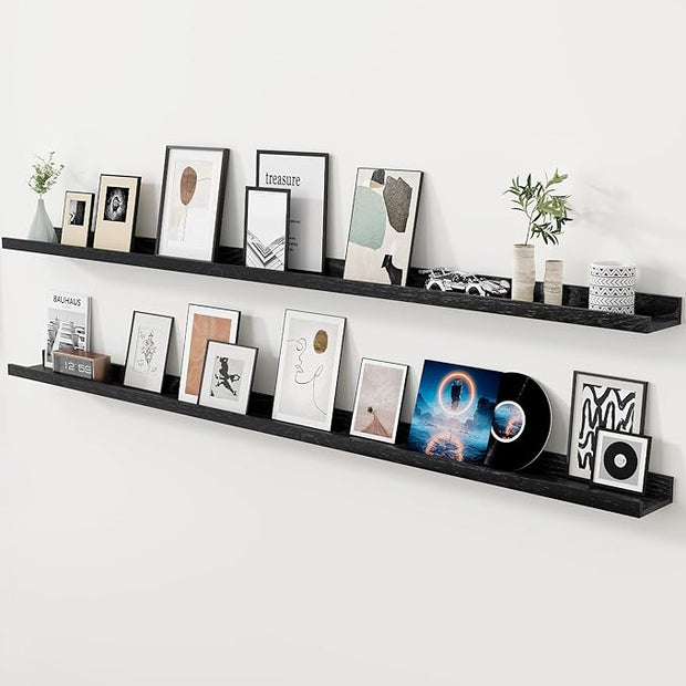 Axeman Oak Picture Ledge Shelf, 72 Inch Floating Shelves Set of 2, Solid Oak Wood Wall Shelves with Lip, Wall Decor Storage for Bedroom Living Room Bathroom Kitchen Nursery Photo Picture, Black