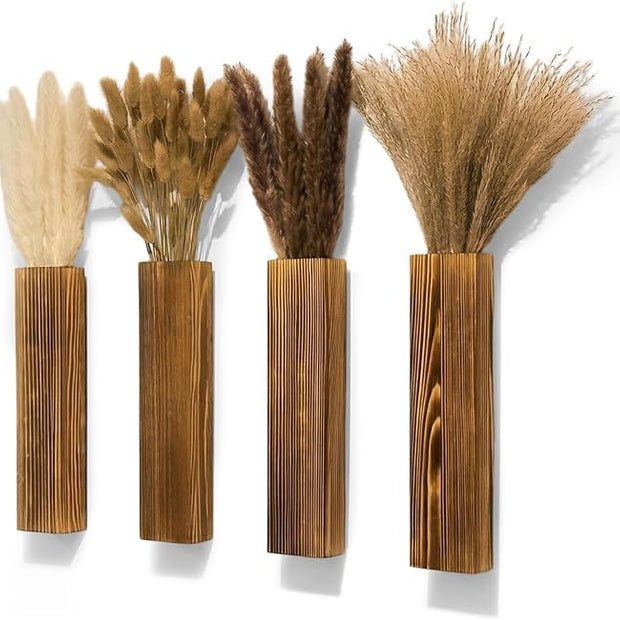 Sawoake 4-Piece Wooden Hanging Wall Vase Set with Pampas Grass and Eucalyptus Dried Flowers, Modern Farmhouse Home Decor for Living Room Entryway Bathroom Hallway Dining Room（Brown）