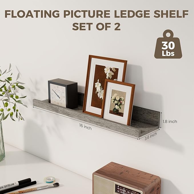 Axeman Floating Shelves | Picture Ledge Shelf Set of 2 | Rustic Grey Wall Shelves with Lip | Grey Picture Shelf for Wall with Ledge | Photo Ledges 16 Inch